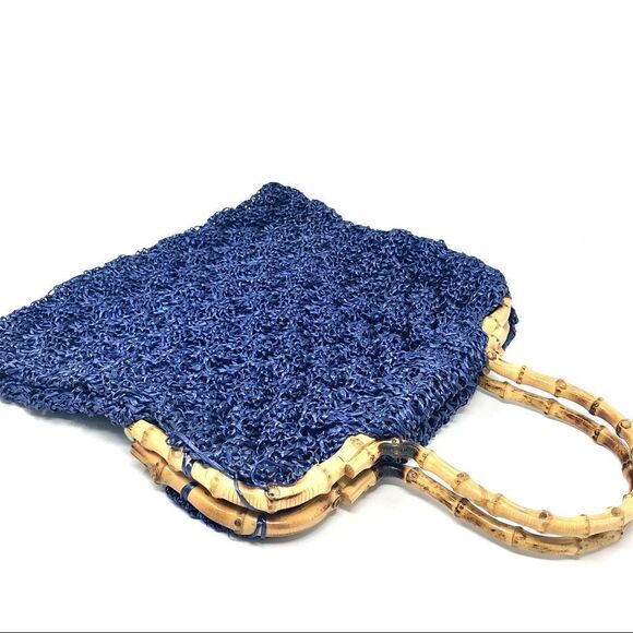 Bamboo and Royal Blue Straw Top Handle Summer Bag - Picture 3 of 7